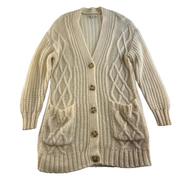American Eagle Small Cardigan Sweater Cable Knit Oversized V-Neck Wool Cream - Picture 1 of 12